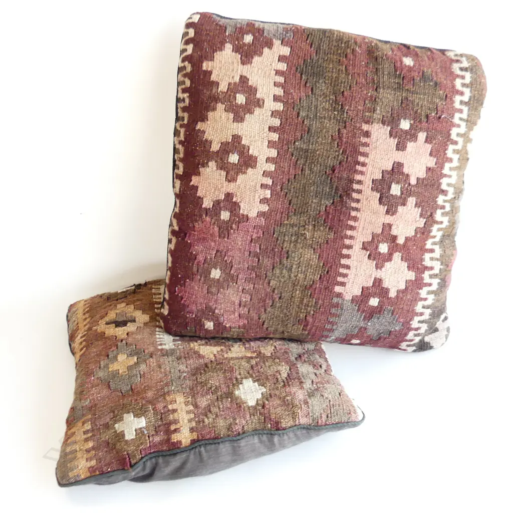 2 SQUARE BROWN KELIM CUSHIONS 380x410 / 450x470mm Image 1++