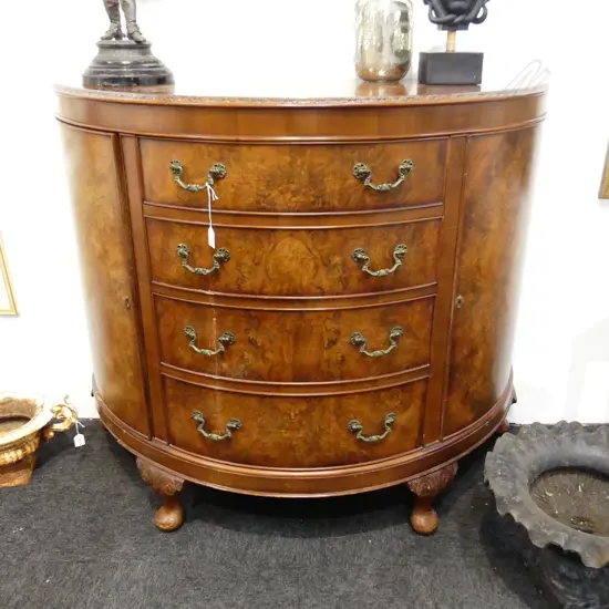 BURR WALNUT / MAHOGANY VENEER DEMILUNE SIDEBOARD CABINET 1200x540x1000mm