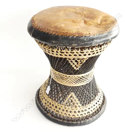OLD WOVEN CANE STOOL W LEATHER TOP H.400mm