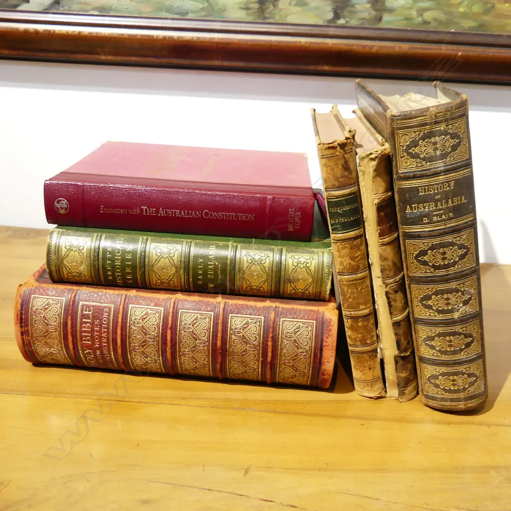 6 ANTIQUE BOOKS; BIBLE c.1900, BRETTS HISTORICAL SERIES EARLY NZ 1890, 4 AUSTRALIAN INTEREST; LAW, HISTORY Image 1++