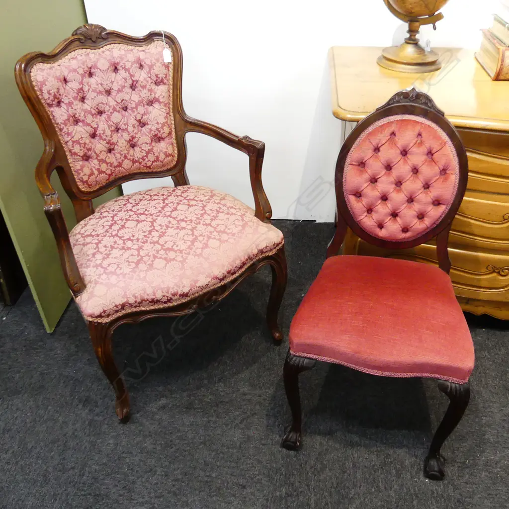2 PINK UPHOLSTERED CHAIRS; FRENCH BERGERE & QUEEN ANNE STYLE BEDROOM CHAIR Image 1++