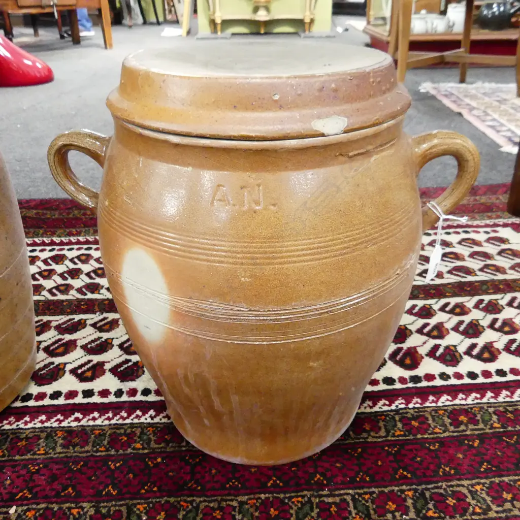 LG SALT GLAZED DOUBLED HANDLED CROCK H.380mm AF CRACKED Image 1++