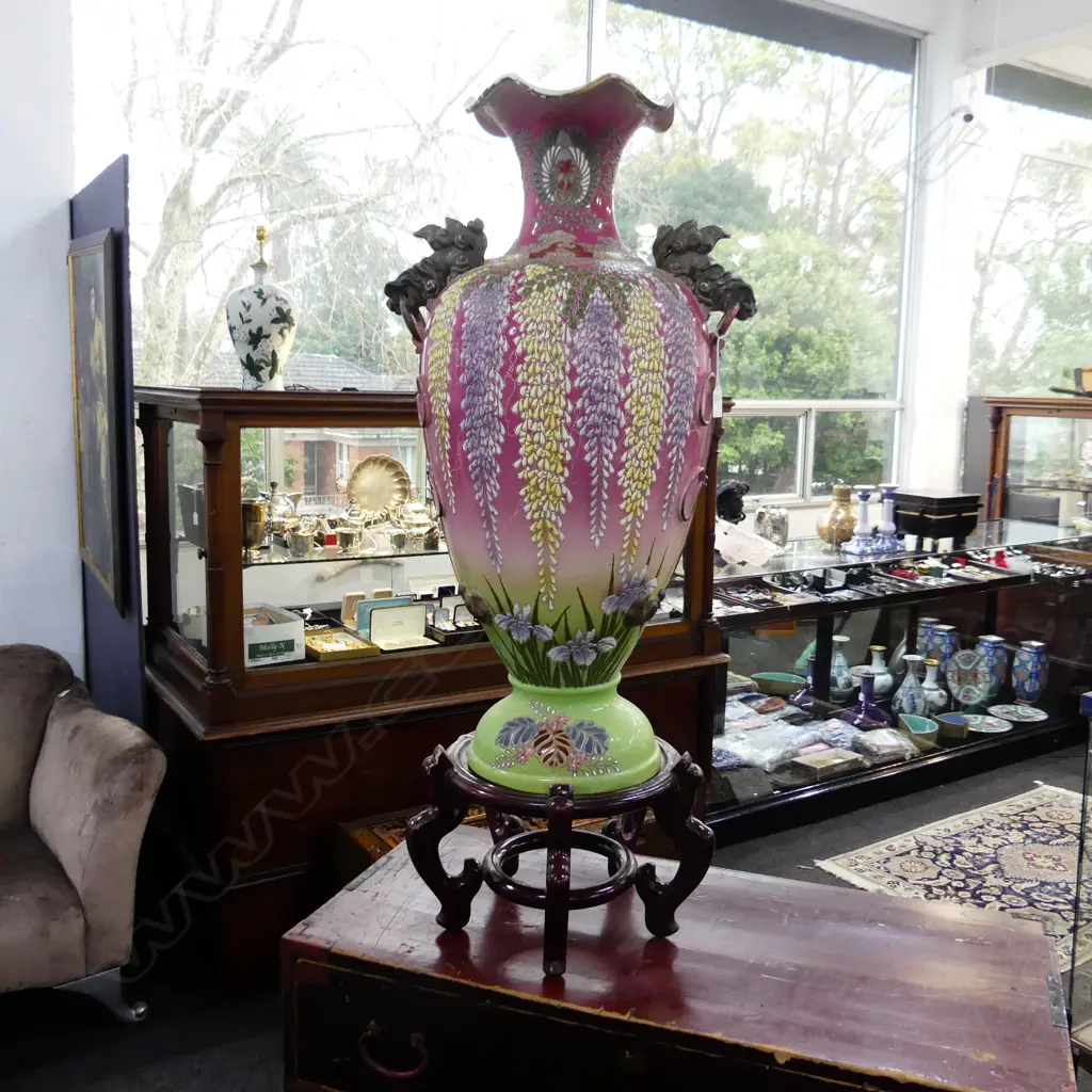 OLD JAPANESE LGE VASE W WISTERIA. some hairline cracks. On stand. H.1000+mm. Image 1++