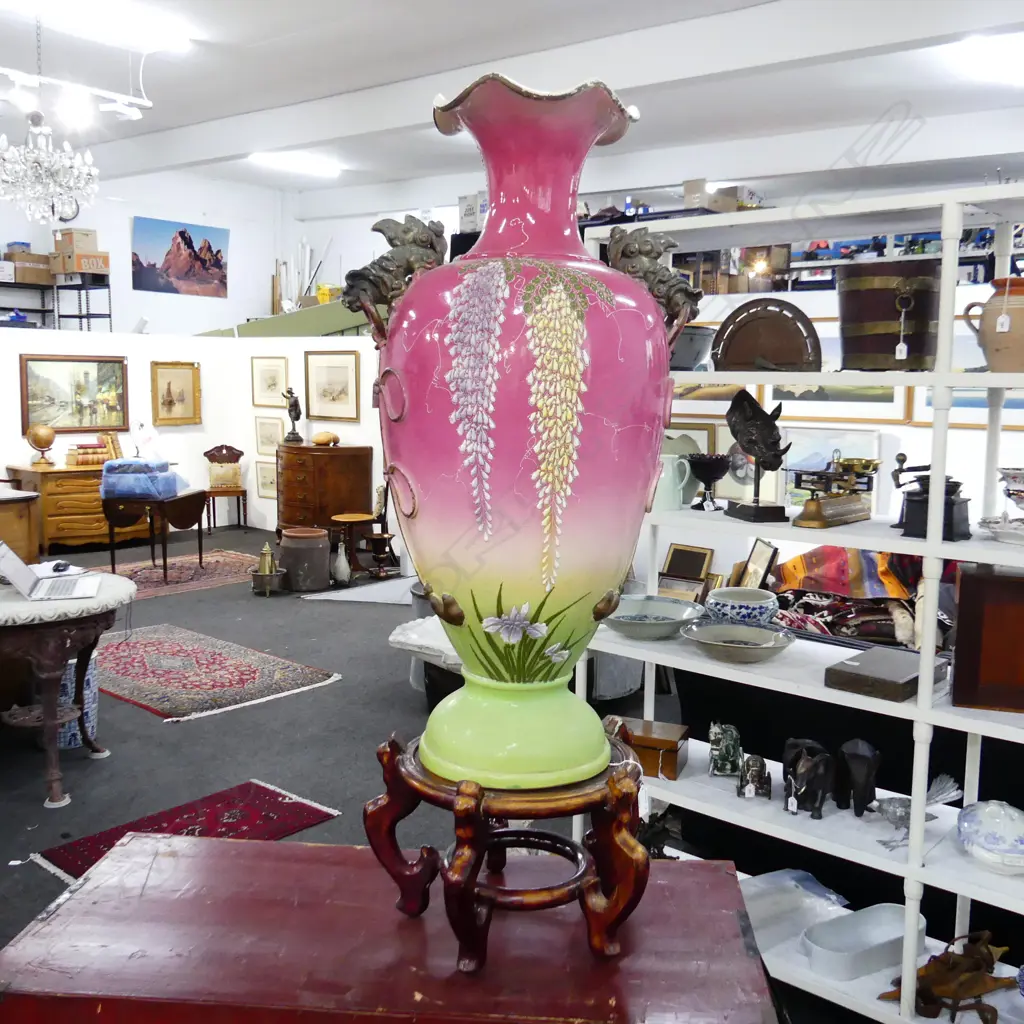 OLD JAPANESE LGE VASE W WISTERIA. some hairline cracks. On stand. H.1000+mm. Image 1++