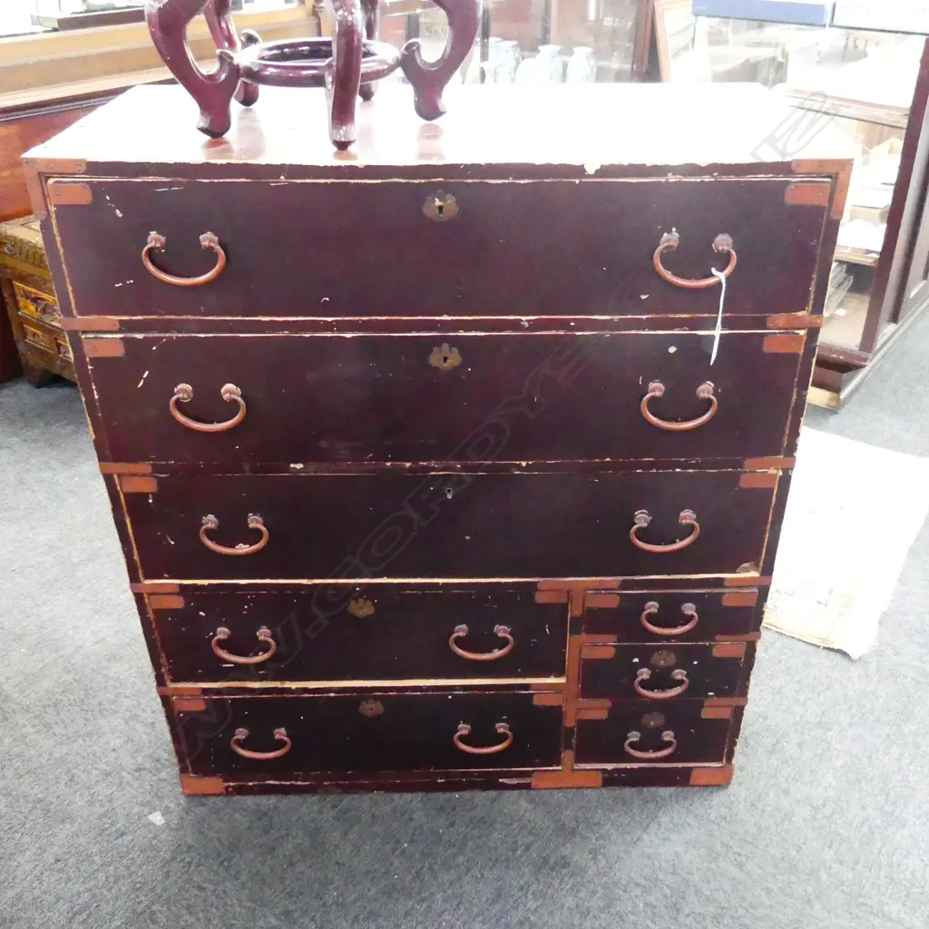 JAPANESE VINTAGE RED LACQUERED CHEST 8 drawers showing some signs of wear 880 x 395 x 1015mm. Image 1++