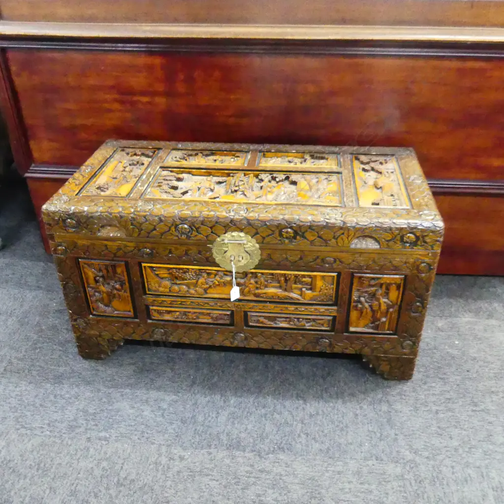 CARVED ORIENTAL CAMPHOR CHEST 880x430x450mm Image 1++
