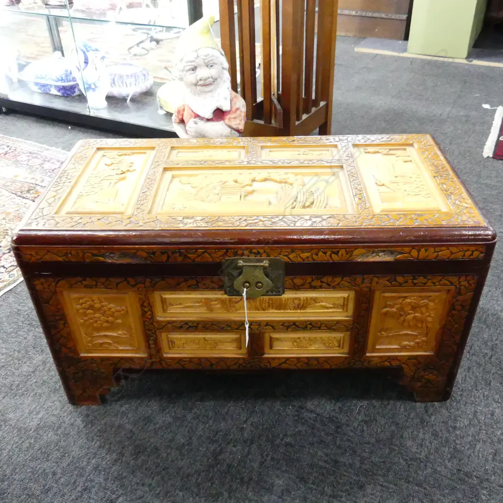SMALL CARVED ORIENTAL CAMPHOR CHEST 690x360x360mm Image 1++