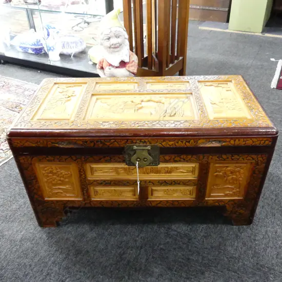 SMALL CARVED ORIENTAL CAMPHOR CHEST 690x360x360mm