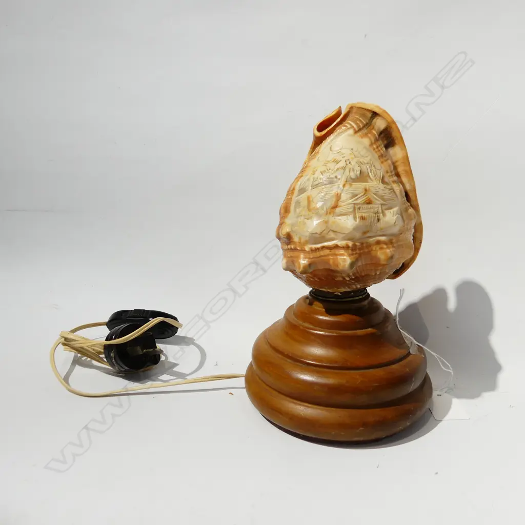 CARVED  CONCH SHELL TABLE LAMP, WOODEN BASE H. 240MM Image 1++