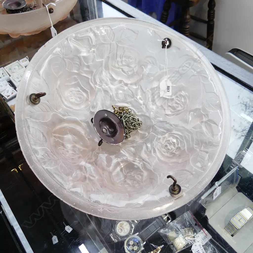 VINTAGE DECO JOBLING PLAFONNIER - PALE PINK GLASS LIGHT FITTING; ROSES DESIGN 350mm dia w. HOOK Image 1++