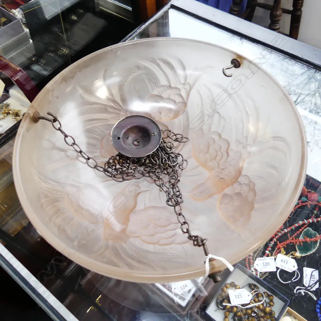 VINTAGE DECO JOBLING PLAFONNIER - PALE PINK GLASS LIGHT FITTING; 3 BIRD DESIGN 345mm dia w. CHAINS & HOOK Image 1++