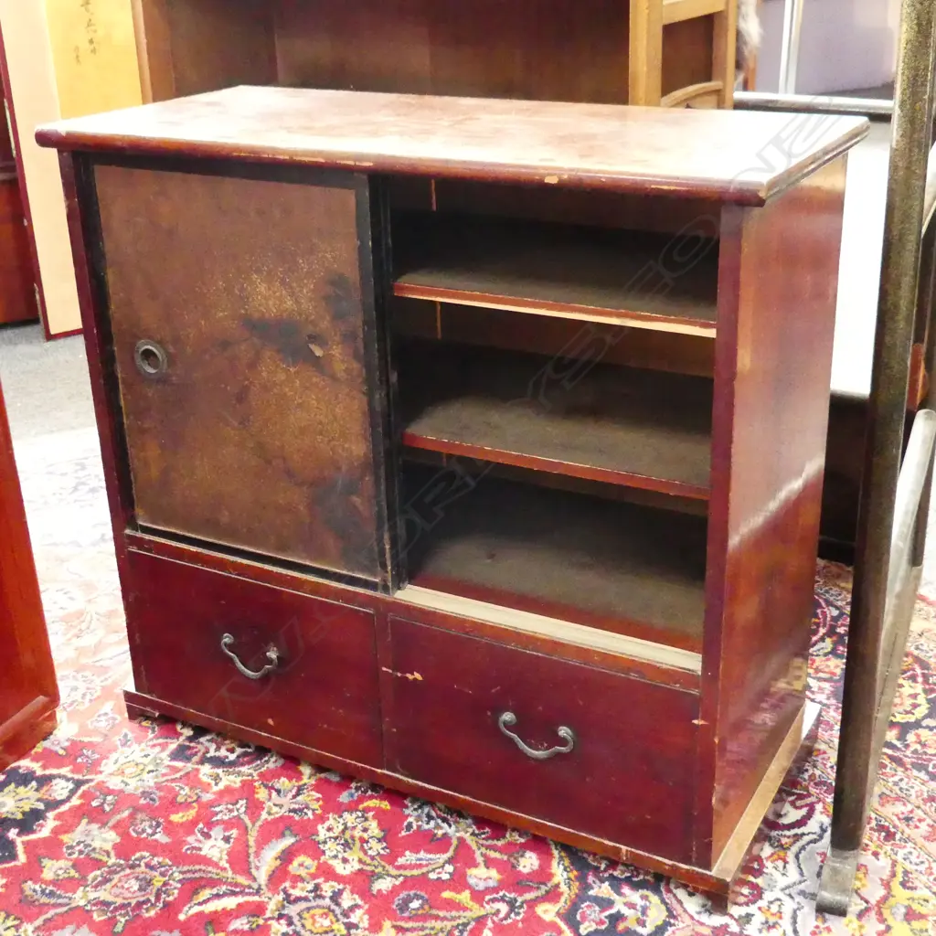 OLD JAPANESE DISPLAY/BEDSIDE CHEST s sliding doors + 2 drawers 700 x 655mm. Image 1++