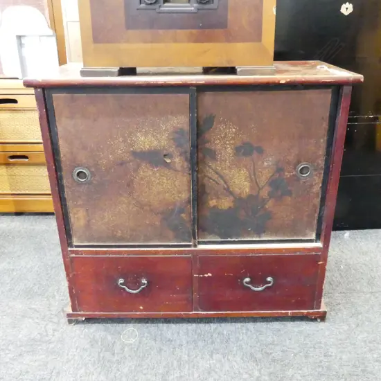 OLD JAPANESE DISPLAY/BEDSIDE CHEST s sliding doors + 2 drawers 700 x 655mm.