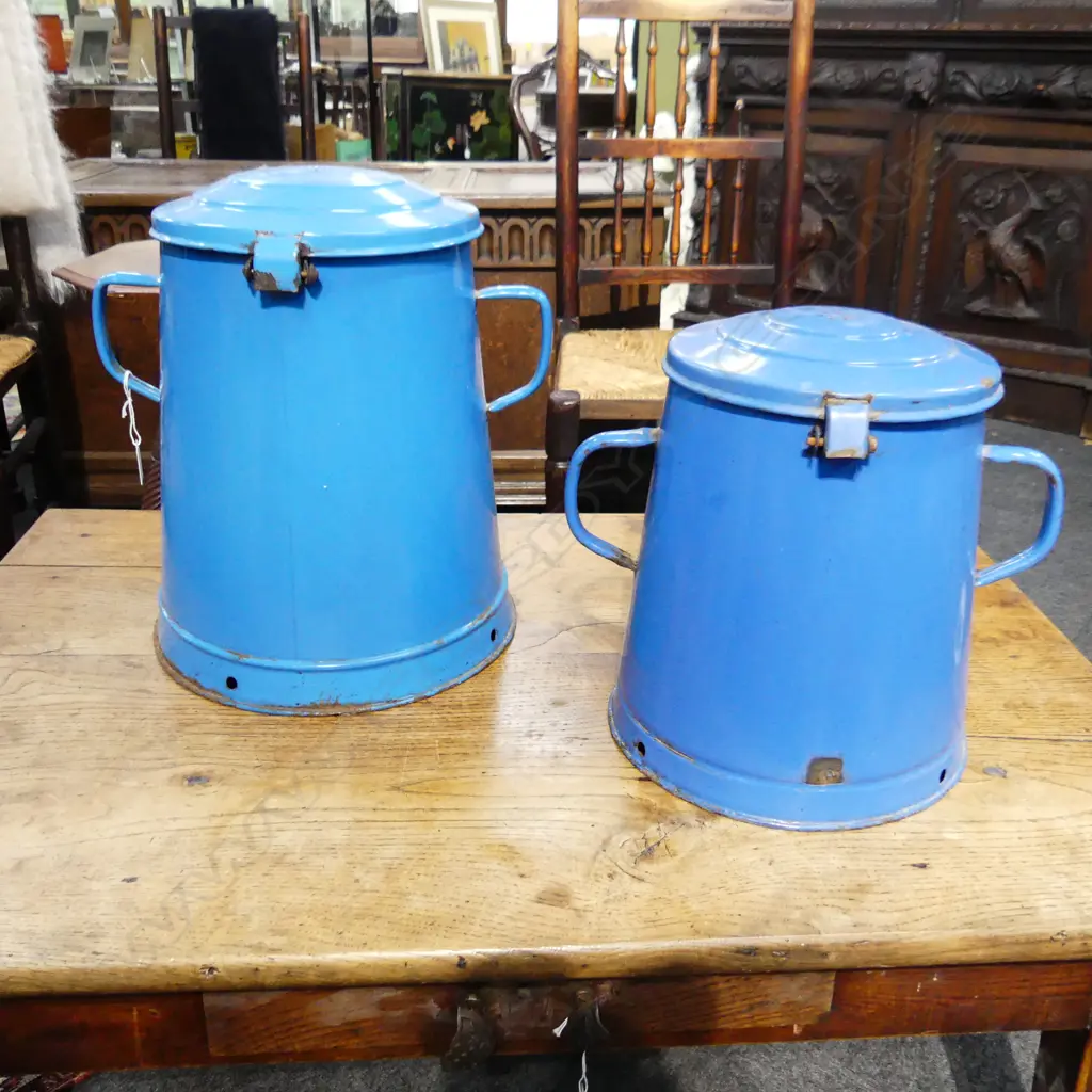 2 LG BLUE ENAMEL  2 HANDLED LIDDED POTS....STEAM HOLES ON LID H. 300MM Image 1++