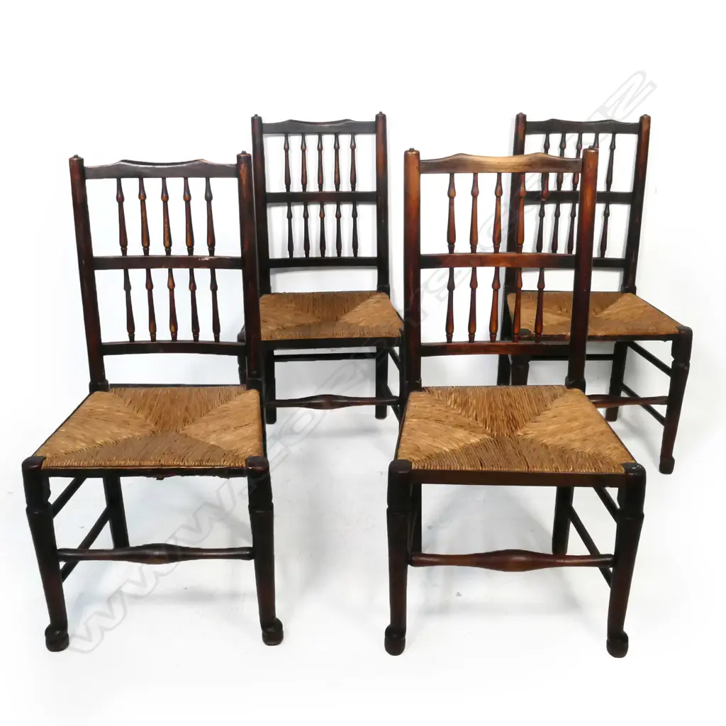 A set of four 19thC country spindle back chairs, Image 1++