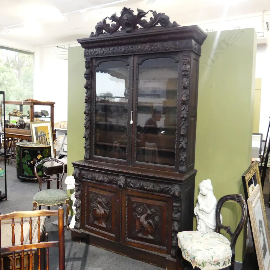 LATE 19thC CARVED OAK BOOKCASE CABINET 1400x470x2700mm Image 1++