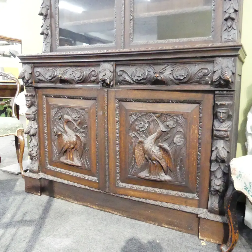 LATE 19thC CARVED OAK BOOKCASE CABINET 1400x470x2700mm Image 1++