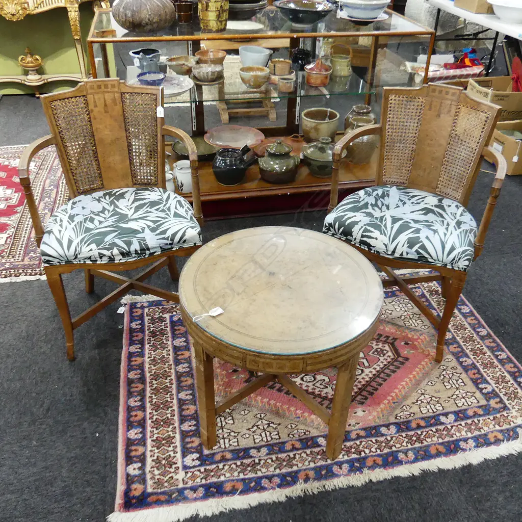 PR INLAID CANE CHAIRS w. MATCHING ROUND SIDE TABLE H.510 / 570mm dia Image 1++