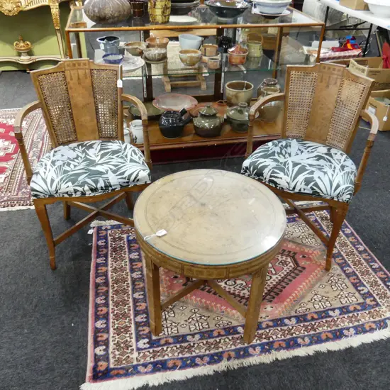 PR INLAID CANE CHAIRS w. MATCHING ROUND SIDE TABLE H.510 / 570mm dia