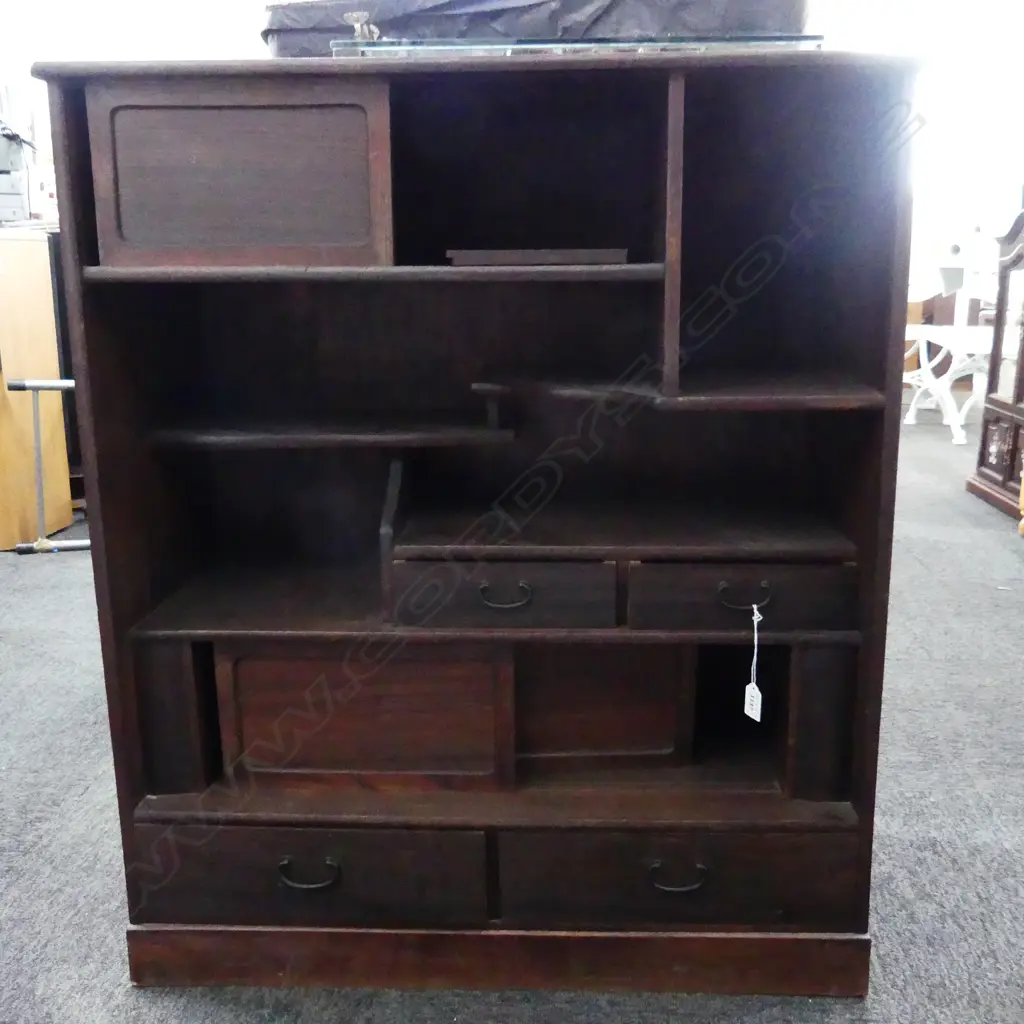 OLD JAPANESE DISPLAY CABINET. ROSEWOOD FRONT. Open shelves. drs & drws. 770x325x900mm Image 1++
