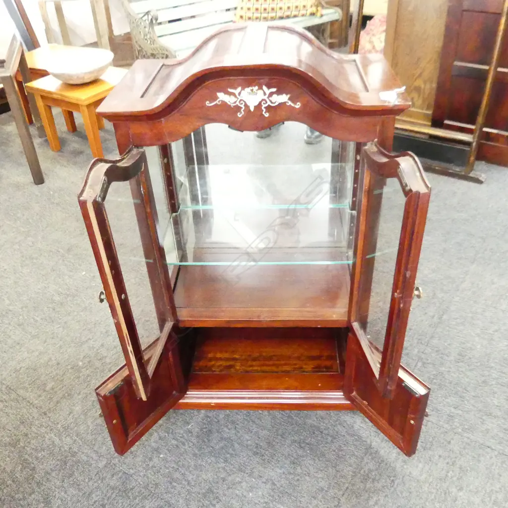 QUALITY ORIENTAL SMALL HARDWOOD DISPLAY CABINET dome top mop inlays H.870mm. Image 1++