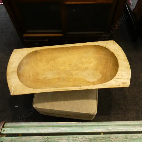 LG OLD FRENCH CARVED WOODEN BAKERS BOWL  (HAS SOME BORER) 920 X 400MM