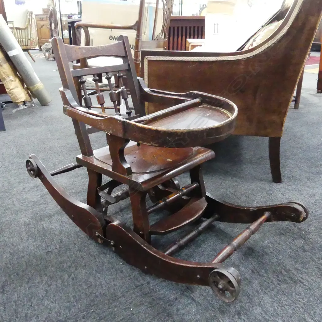 VICTORIAN METAMORPHIC HIGHCHAIR. FOLDING  TO BECOME ROCKER. TURNED VERTICAL RAILS. SOME OLD BORER DAMAGE. H. 930mm Image 1++