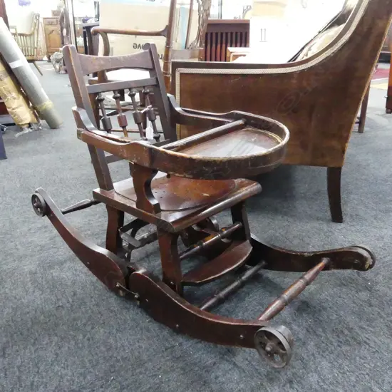 VICTORIAN METAMORPHIC HIGHCHAIR. FOLDING  TO BECOME ROCKER. TURNED VERTICAL RAILS. SOME OLD BORER DAMAGE. H. 930mm