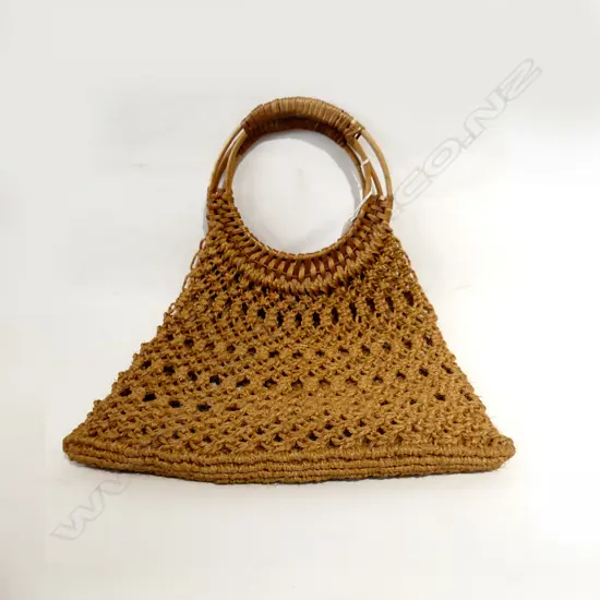 RETRO WOVEN ROPE BAG w CANE HANDLES