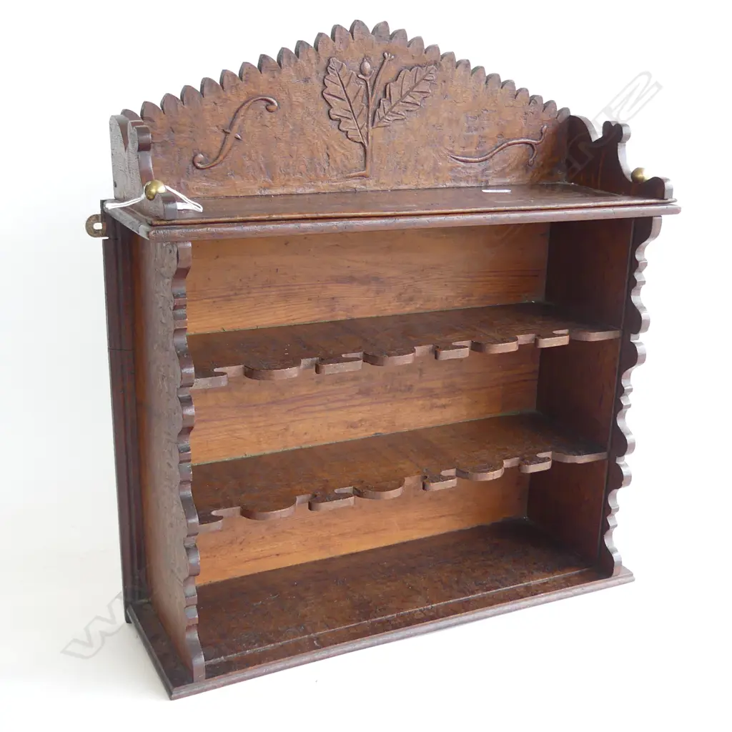 ARTS & CRAFTS HANDCARVED DECORATIVE WALL SHELF OAK ON 3 LEVELS CARVED DETAIL TO THE TOP H. 520 x 440mm Image 1++