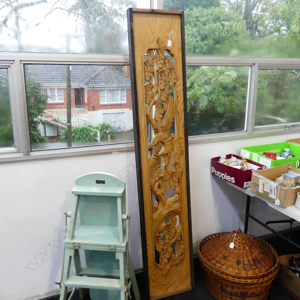 VINTAGE LONG CEDAR CARVED PANEL EAGEL AMONGST PINE TREES 348 x 1840mm Image 1++