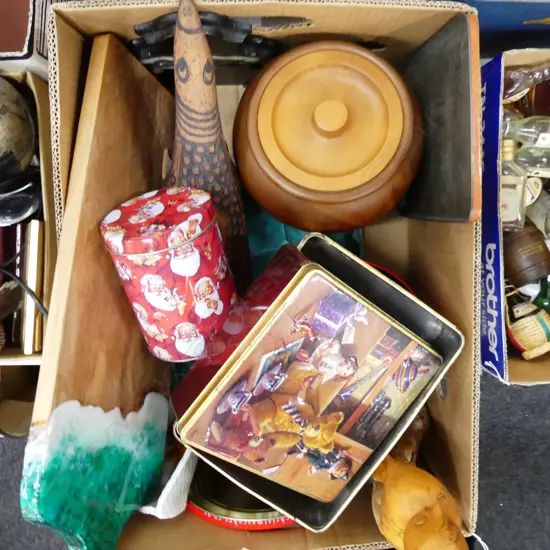 BOX LOT ASST. WOOD CARVINGS, TINS ETC
