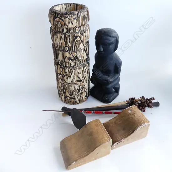 BOX of ARTEFACTS. LEATHER BOOKENDS. CARVED FIGURE. PUNGA CARVED SECTION