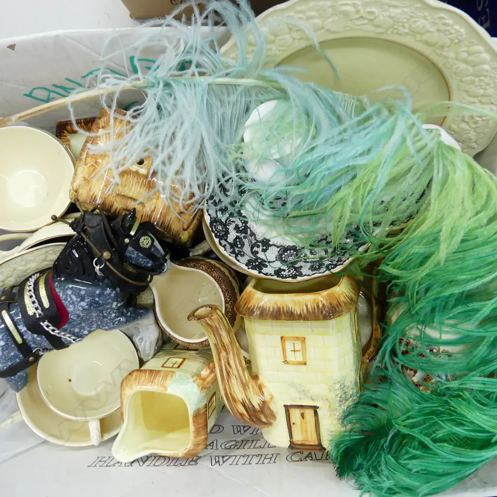 BOX LOT ASST. CHINA INCL. 4 PCE COTTAGE TEA SET & ROYAL ALBERT SENORITA TENNIS SET (CUP w. CHIP TO BASE) Image 1++