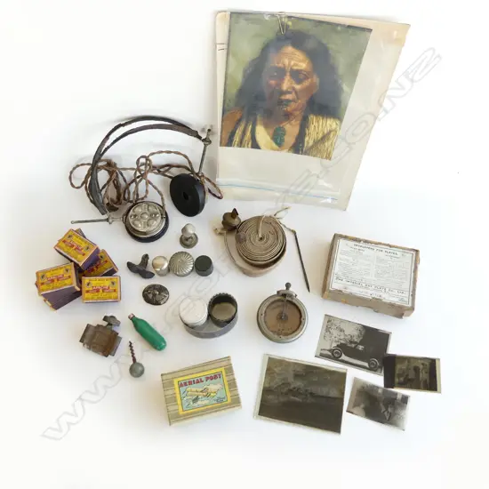 BOX OF COLLECTABLES - HEADPHONES, MATCHES, PHOTOGRAPHY PLATES, MAORI PHOTO ETC..