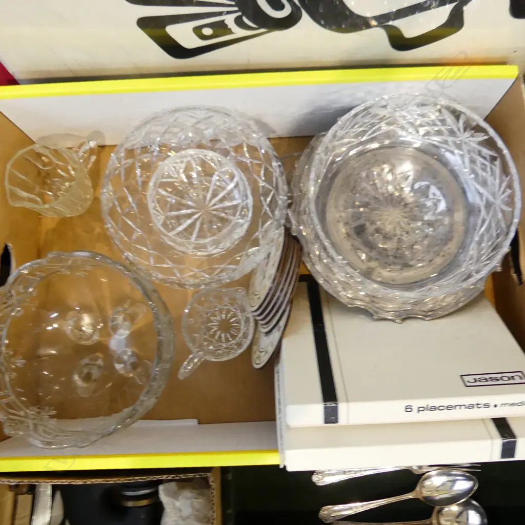 BOX ASST INCL GLASS, CRYSTAL, SILVER PLATE & JASON PLACEMATS Image 1++