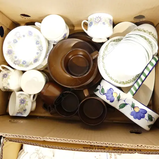 BOX LOT ASST INCL PARAGON TRIOS, CORELLE CORNINGWARE C&S'S ETC..