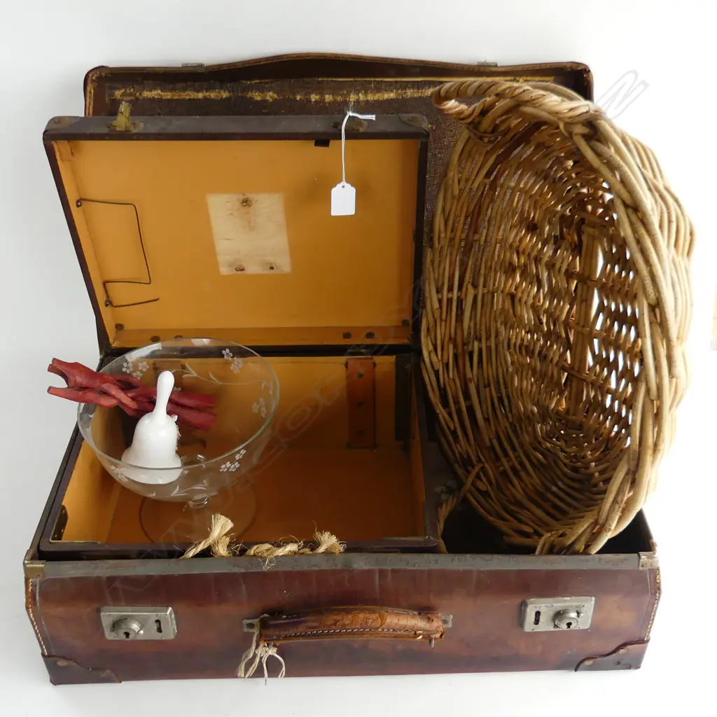 LEATHER SUITCASE + OLD CASE + CRYSTAL BOWL + BASKET ETC Image 1++
