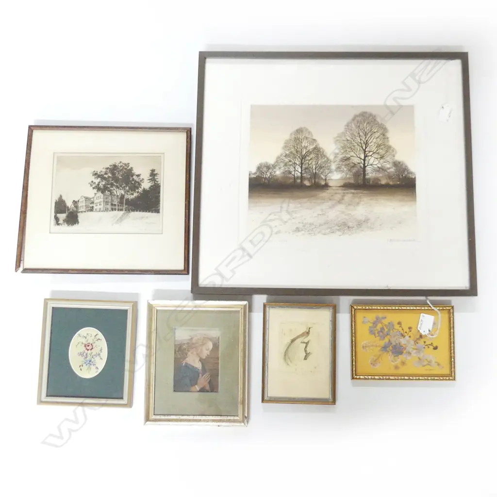 6 FRAMED ART WORKS: 2 ETCHINGS M.MATTHEWS PRINCE ALBERT COLLEGE + embroidery + dried flowers + Madonna Image 1++