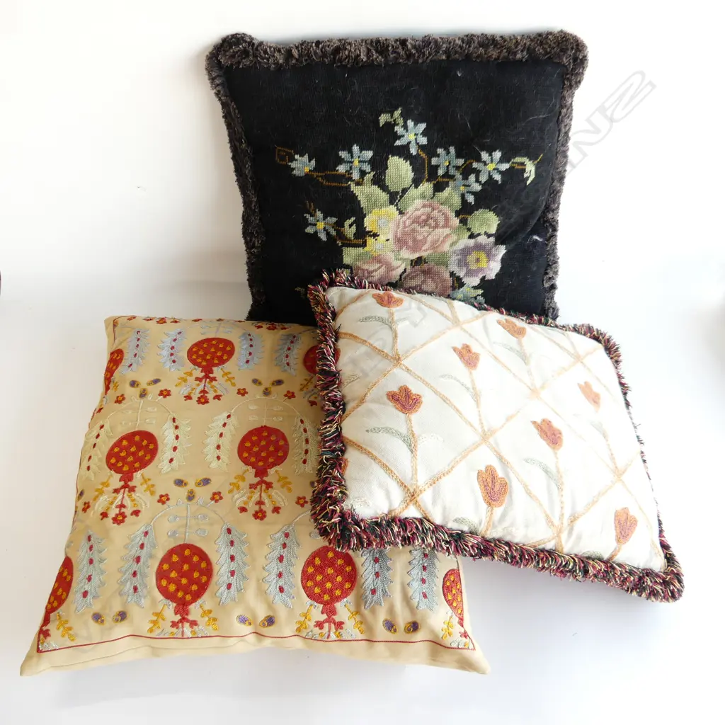 3 VINTAGE CUSHIONS; ONE HANDMADE TAPESTRY, 2 EMBROIDERED Image 1++