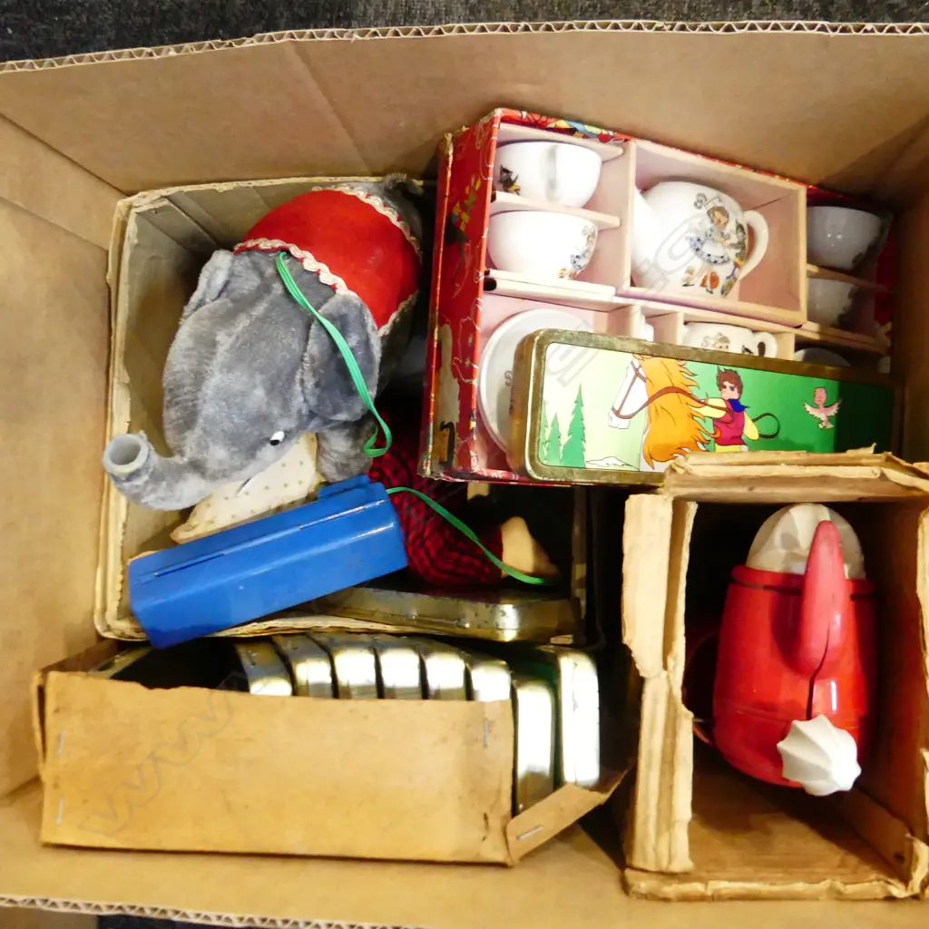 BOX LOT ASST. TOYS - ORIG. BOXES; CHILDS TEA SET, WALKING ELEPHANT, TIN PENCIL CASES, MIXER, CRAWLING BABY Image 1++