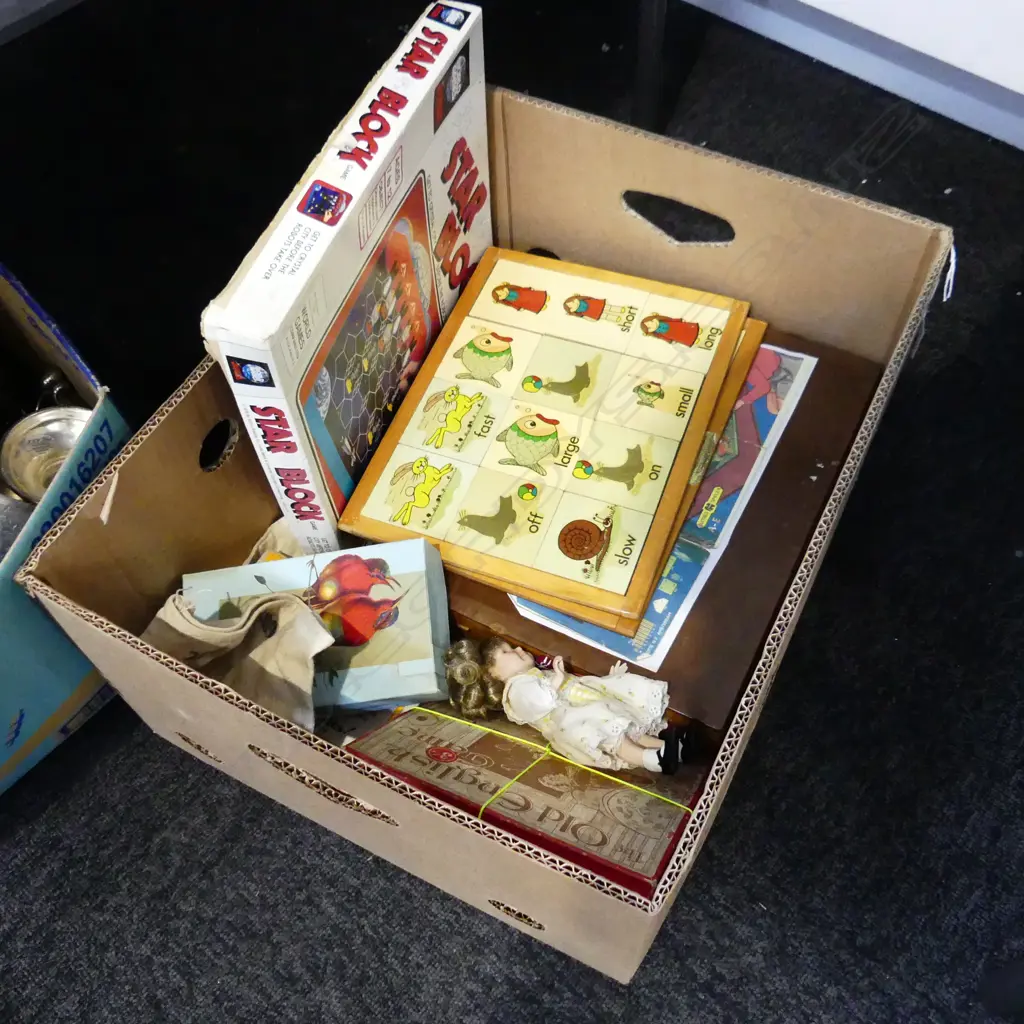 ASST. VINTAGE TOYS & PUZZLES; DOLL, TIKI, OLD MONEY BAG w. COINS Image 1++