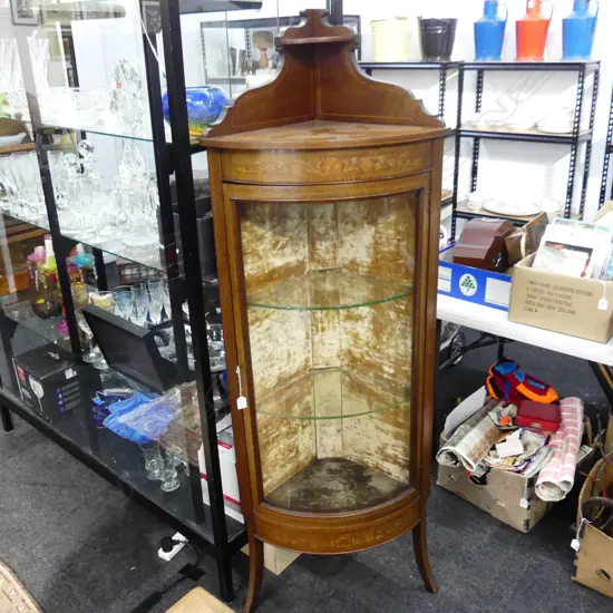 EDWARDIAN FRENCH STYLE CORNER CABINET VITRINE w. INLAY & CARAMEL VELVET INTERIOR 435x435x1730mm
