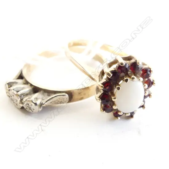2 GOLD RINGS; 9CT DIAMOND & UNMARKED OPAL & RED STONE 4.8 GRAMS