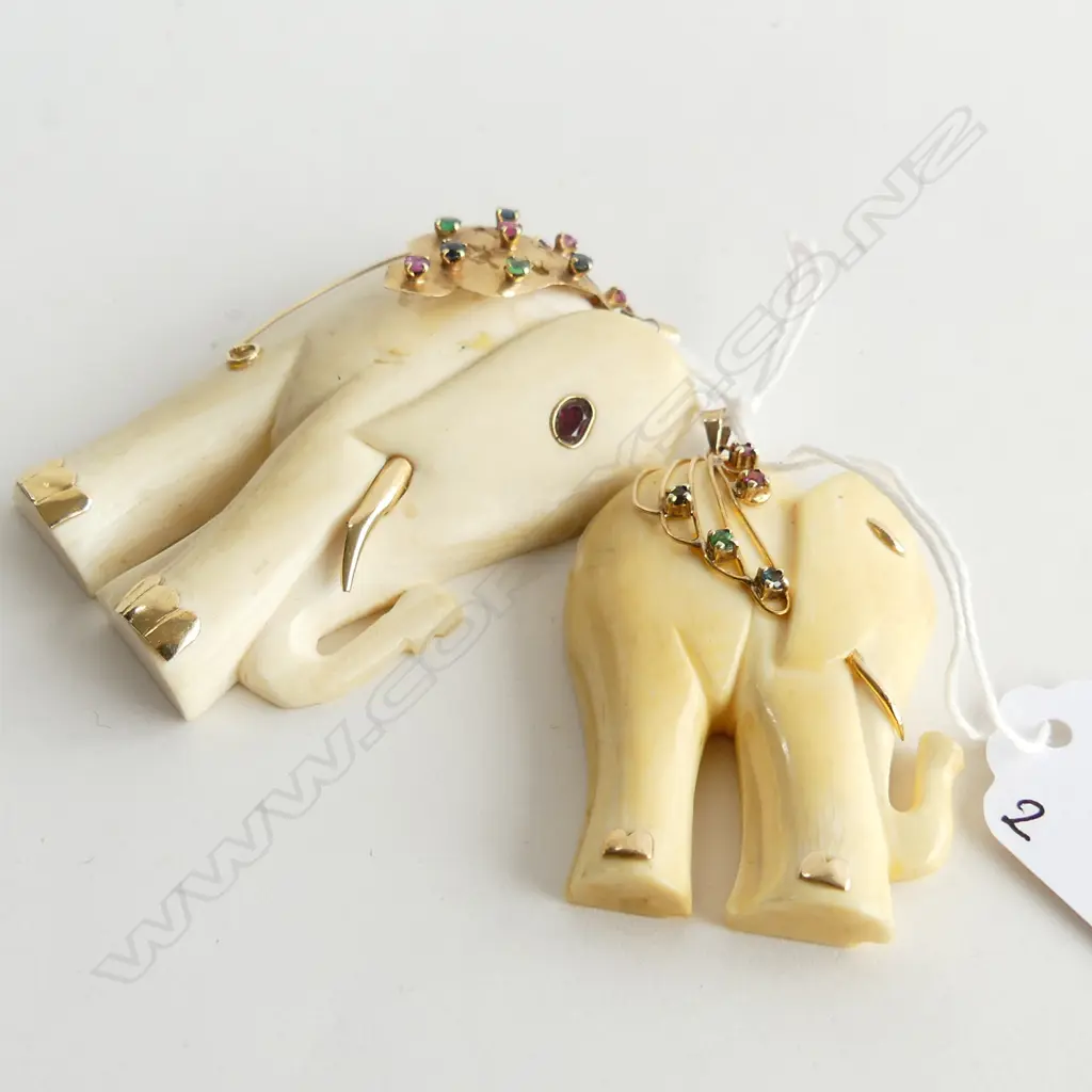2 IVORY & 14K GOLD ELEPHANT PENDANTS WITH COLOURED STONES Image 1++