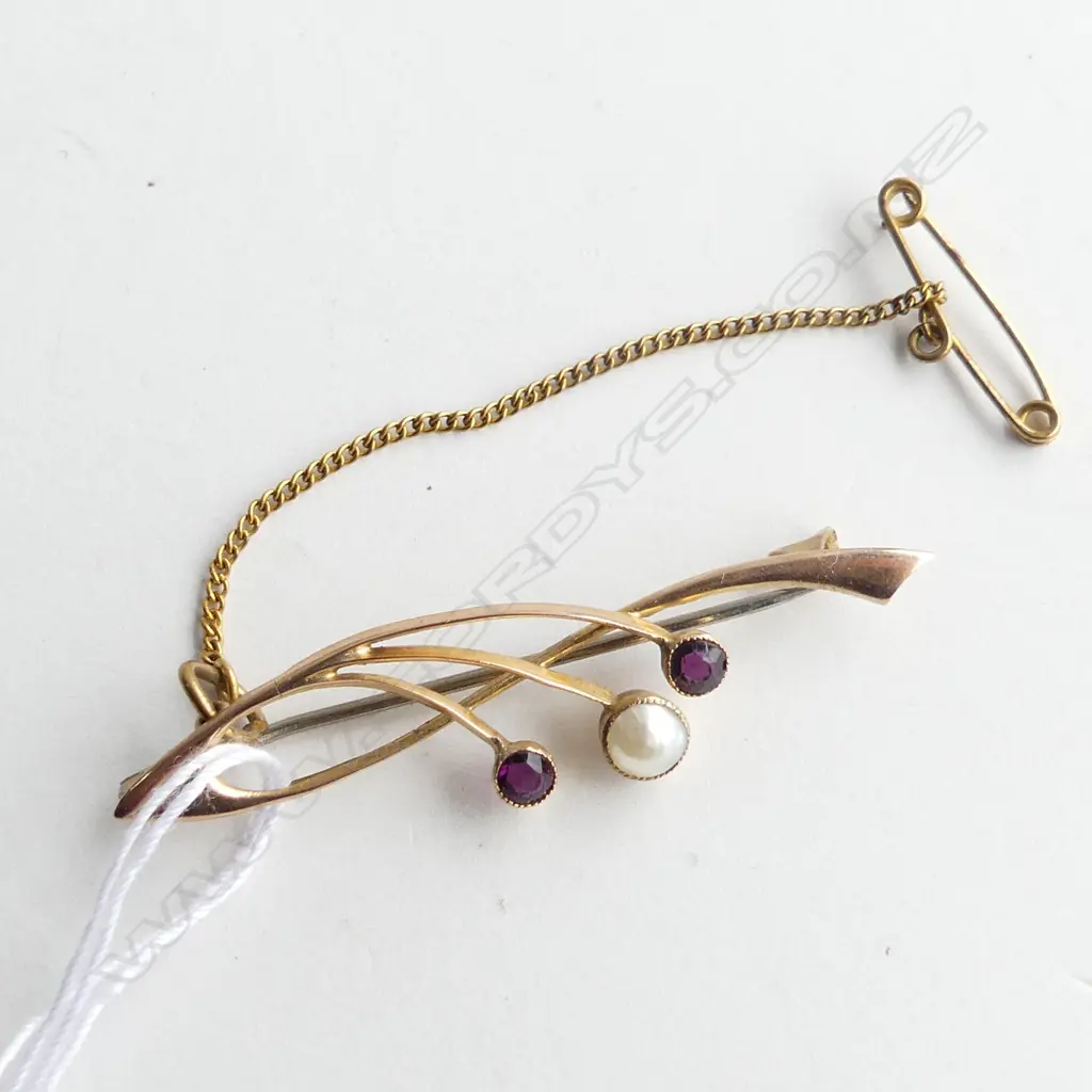 ART NOUVEAU 9CT GOLD AMETHYST & PEARL BROOCH BOXED 2.2gms Image 1++