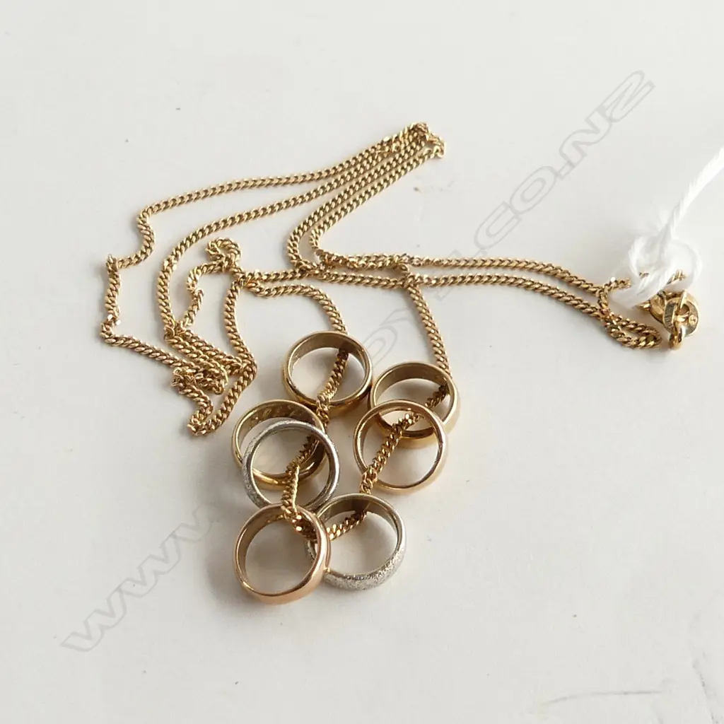 9CT GOLD NECKLACE WITH 7 COLOURED GOLD HOOPS 5.3GMS Image 1++