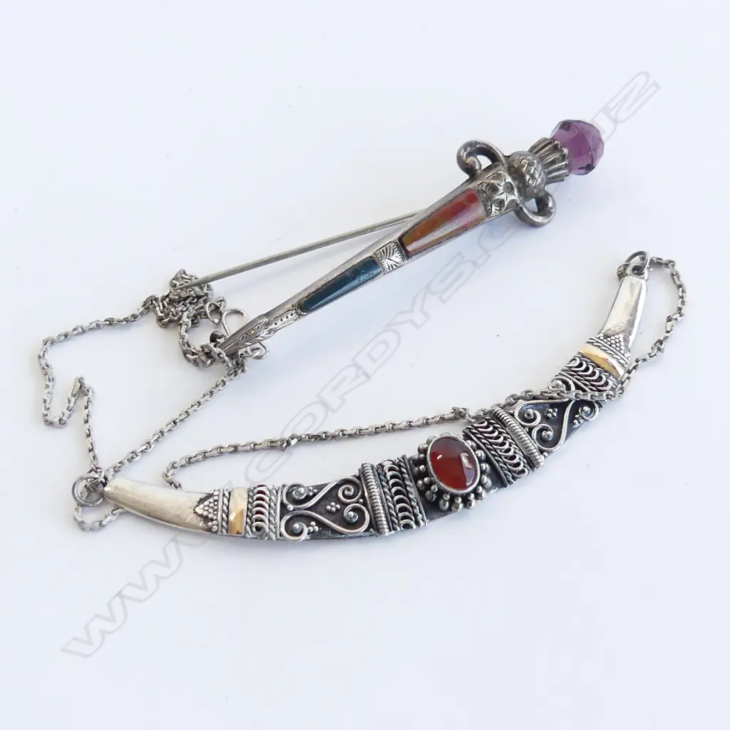 SILVER SCOTTISH DIRK BROOCH + SILVER NECKLACE W FANCY CURVED BAR Image 1++