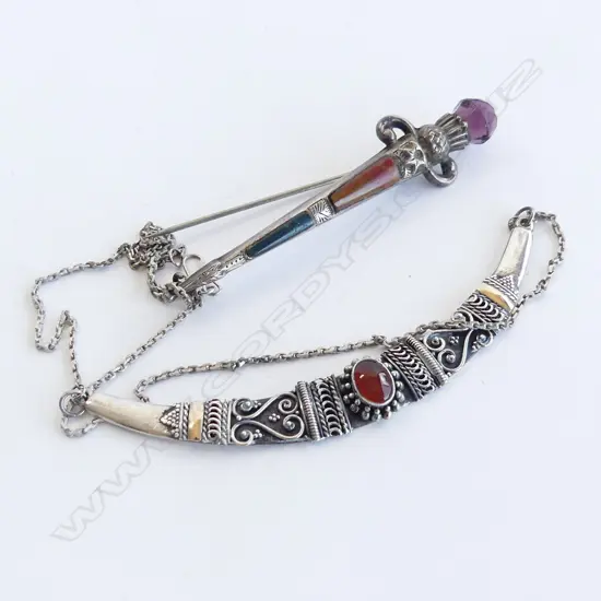 SILVER SCOTTISH DIRK BROOCH + SILVER NECKLACE W FANCY CURVED BAR