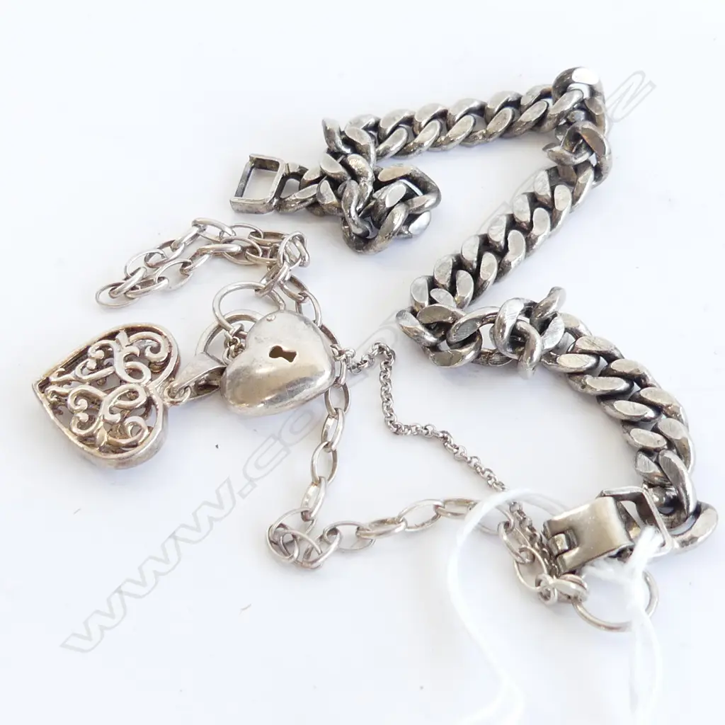 2 SILVER BRACELETS: FLAT CURB LINK + FINE BELCHER W 2 HEARTS Image 1++